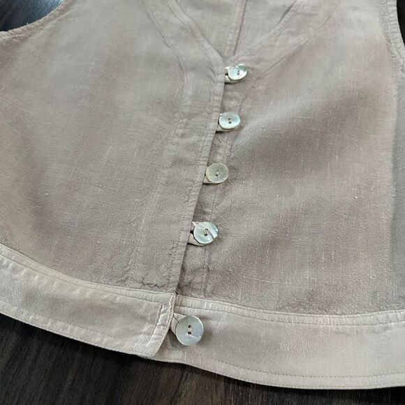 Vintage Johnny Was 100% Linen Vest Pearl Button Front VNeck Taupe Cream Sz Small - Picture 2 of 6
